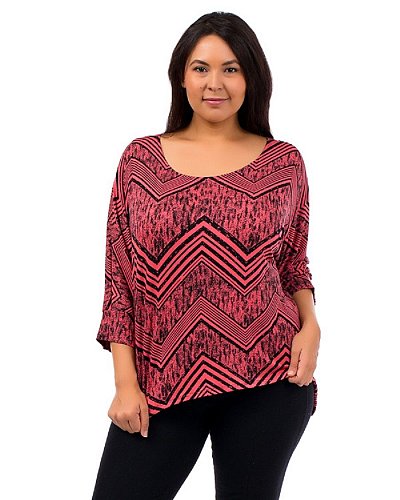 PLUS SIZE 1XL 2XL Top HOT GINGER Coral Black Geometric 3/4 Sleeves Scoop Neck