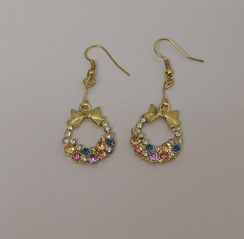 Women Drop Dangle Fashion Earrings Rhinestone Wreath Gold Tones Hook Fasteners