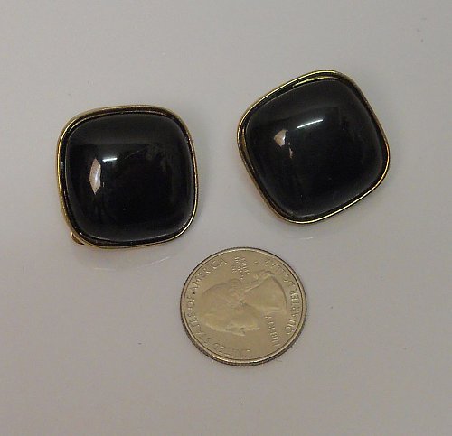 Women Huggie Earrings Fashion Squares Black Gold Tones Clip On Fasteners SZ BIJO