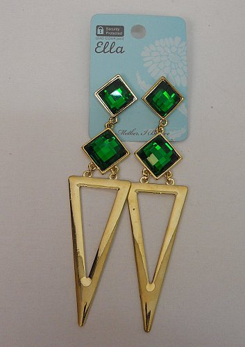 Earrings Women Fashion Drop Dangle Gold Tones Green Rhinestones ELLA Push Backs