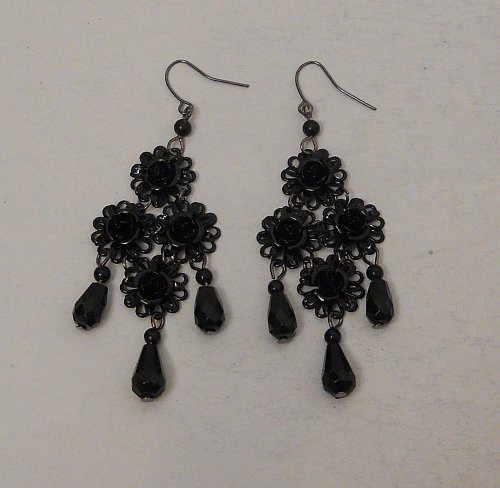 Women Fashion Drop Dangle Earrings Black Flowers Beads BIRCH HILL Hook