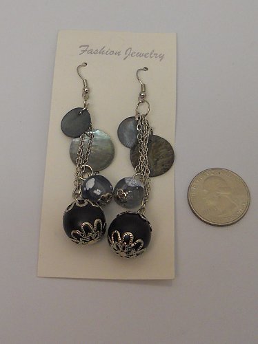 Women Earrings Black Beads Chains Silver Tones Hook Fastener Fashion Drop Dangle