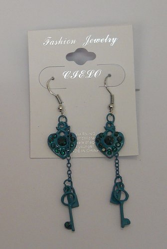 Women Earrings Green Hearts Key Lock Rhinestones Fashion Drop Dangle Hook Fasten
