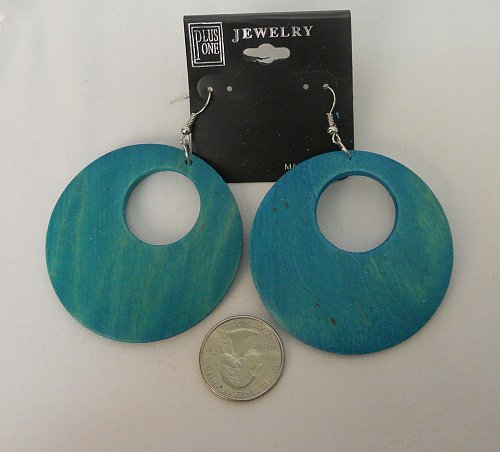 Women Earrings Drop Dangle Blue Wooden Rings Fashion PLUS ONE JEWELRY Hook