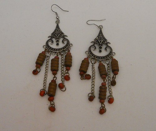 Womens Earrings Silver Tones Brown Beads Fashion Drop Dangle PRINCESS French Hoo