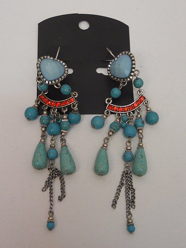 Women Fashion Drop Dangle Earrings Red Rhinestones Turquoise Beads Unbranded Lev