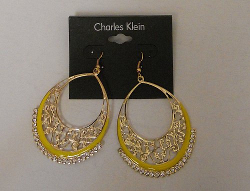 Women Earrings Fashion Drop Dangle Gold Yellow Rhinestones CHARLES KLEIN Hook