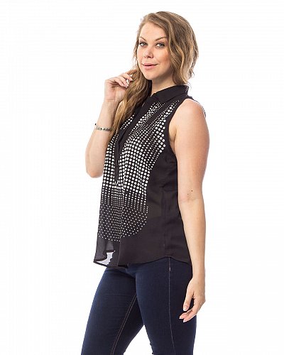 SIZE 3XL Women Sheer Top Solid Black Studded Front Collared Neck Sleeveless