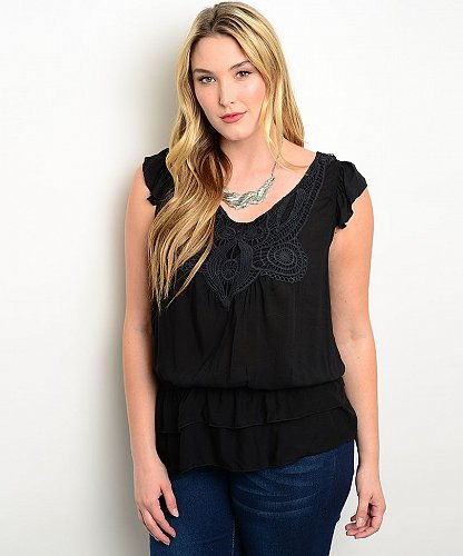 PLUS SIZE 2XL 3XL Top ZENOBIA Black Embroidered Scoop Neck Cap Sleeves Elastic