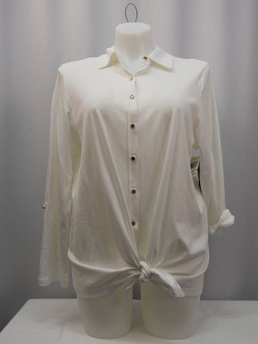 Knit Top Plus Size 1X CHARTER CLUB White Long Tab Sleeves Collared Neck Button