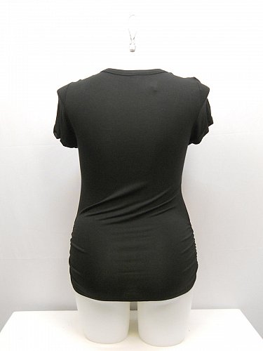 SIZE 1X Womens Knit Top LIBIAN Black Graphic Front LIVE LOVE Ruched Short Sleeve