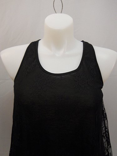 Women Tank Cami Size L Solid Black Scoop Neck Racer Back Lace Layover Sleeveless