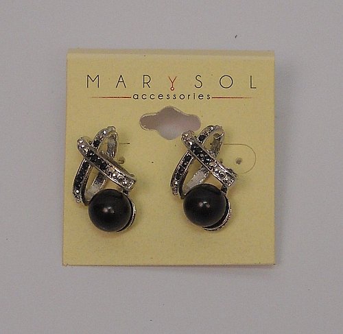 Women Stud Earrings Fashion Black Beads Silver Tones Push Back Fasteners MARYSOL