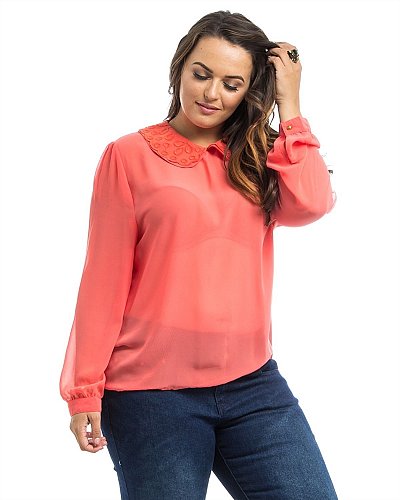 PLUS SIZE 3X Women Sheer Top ROMAN Solid Coral Peter Pan Collar Long Sleeves