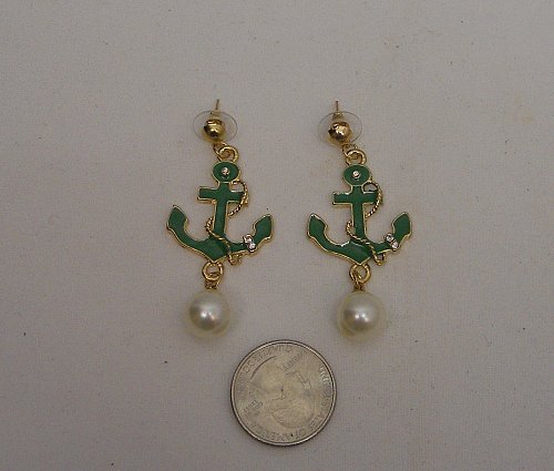 Womens Earrings Gold Green Anchors Fashion Rhinestones Drop Dangle MDL Push Back