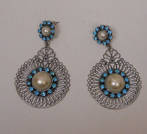 Women Earrings Drop Dangle Fashion Blue Rhinestones Silver Tones Unbranded Push