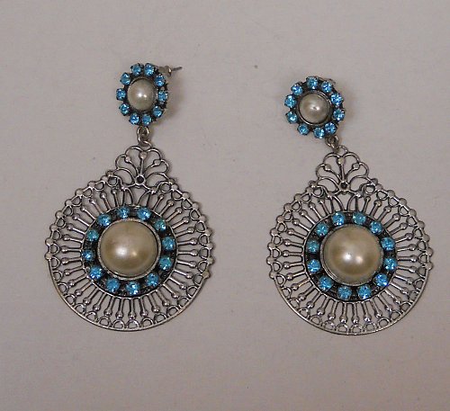 Women Drop Dangle Fashion Earrings Blue Rhinestones Silver Tones Unbranded Push