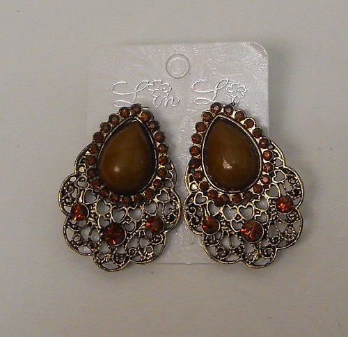 Women Fashion Stud Earrings Brown Beads Rhinestones LIN LI Push Back