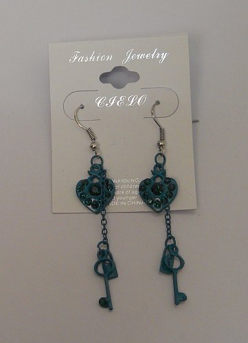 Women Earrings Green Hearts Key Lock Rhinestones Fashion Drop Dangle Hook Fasten