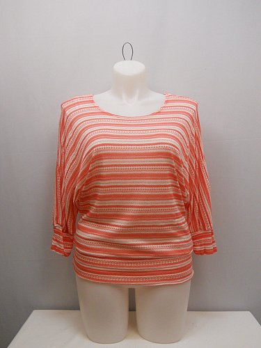 PLUS SIZE 1XL 2XL 3XL Womens Crochet Top ZENOBIA Sheer Coral Striped Dolman Slee