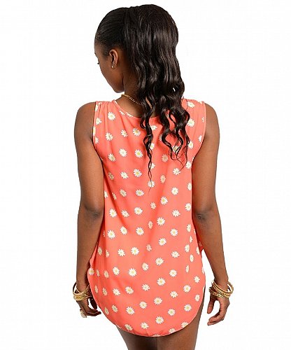 Womens Tank Top SIZE S M Coral Floral Split Front Shirttail Sleeveless MULATA