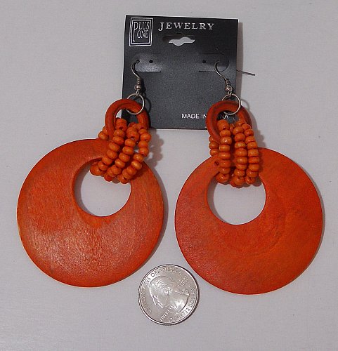 Women Fashion Earrings Drop Dangle Orange Wooden Rings PLUS ONE JEWELRY Hook