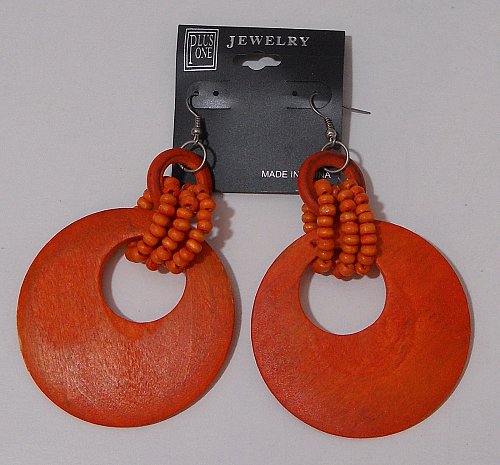 Women Fashion Earrings Drop Dangle Orange Wooden Rings PLUS ONE JEWELRY Hook