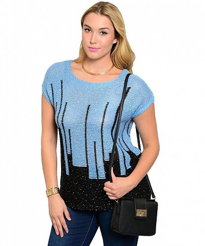 PLUS SIZE 1XL-3XL Womens Sweater C.O.C. Embellished Scoop Neck Cap Sleeve Blue