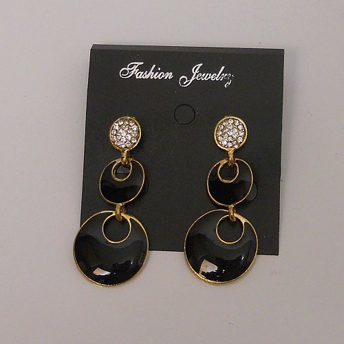 Women Fashion Drop Dangle Earrings Black Gold Tones Rhinestones Push Back FASHIO