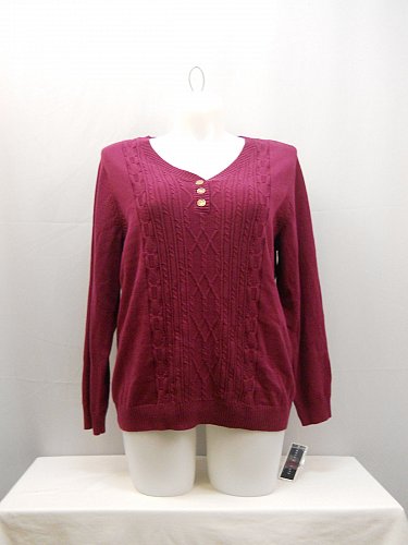 PLUS SIZE 0X Cable Knit Henley Sweater KAREN SCOTT Solid Burgundy Long Sleeves