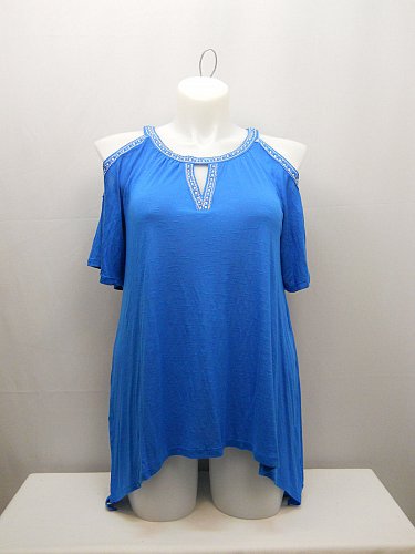 PLUS SIZE 0X Womens Knit Top INC Blue Embellished Scoop Neck Cold Shoulders Shor