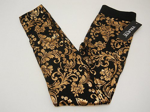 Women Leggings ONE SIZE Black Paisley Gold Foil Skinny Leg Inseam 30 YELETE