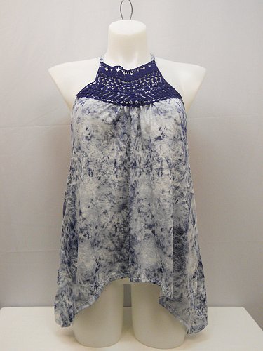 Womens Halter Top Asymmetrical SIZE XL Tie Dye Navy Crocheted Yoke