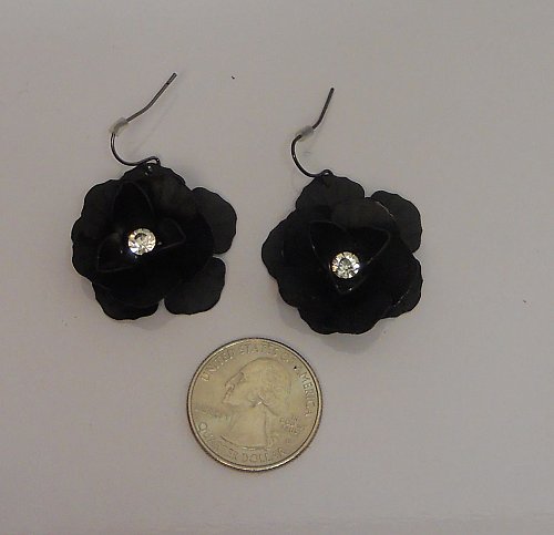 Women Earrings Fashion Drop Dangle Metal Black Flowers Rhinestones Hook Fastener