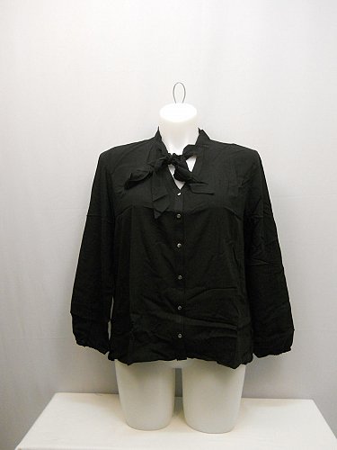 PLUS SIZE 1X Women Button Shirt CONCEPTS Solid Black Tie Collar Neck Long Sleeve