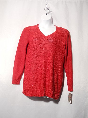 Women Knit Sweater CHARTER CLUB PLUS SIZE 1X Red Sequins V-Neck Long Sleeved