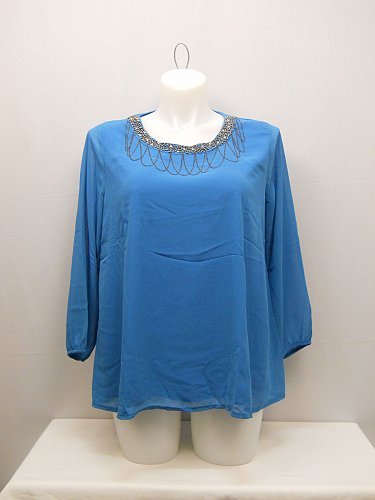 PLUS SIZE 1XL 2XL 3XL Womens Top C.O.C. Solid Turquoise Embellished Beaded Neck