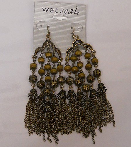 Women Fashion Drop Dangle Earrings Brown Beads Chains Hook Fasteners WET SEAL