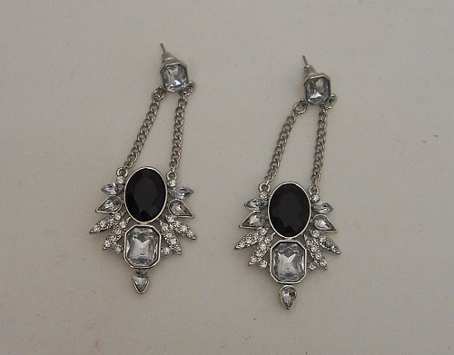 Womens Fashion Earrings Silver Chandeliers Ebony Stone VERSONA Cubic Zirconia