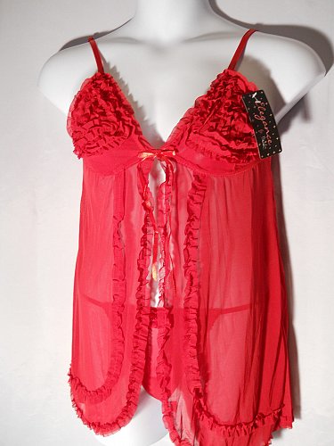 Womens Babydoll Chemise Matching Thong PLUS SIZE 1X Red Ruffles Wrap 2 Piece