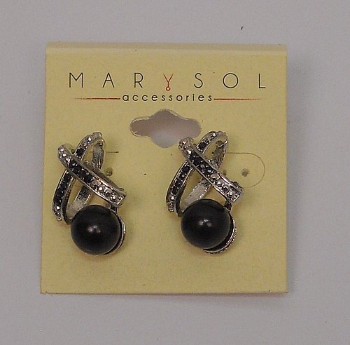 Women Stud Earrings Fashion Black Beads Silver Tones Push Back Fasteners MARYSOL