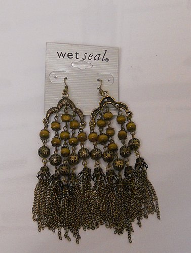 Women Fashion Drop Dangle Earrings Brown Beads Chains Hook Fasteners WET SEAL