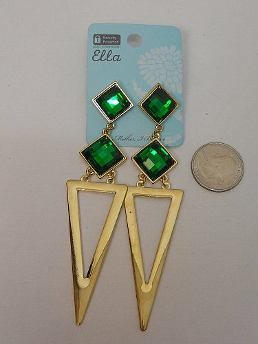 Earrings Women Fashion Drop Dangle Gold Tones Green Rhinestones ELLA Push Backs