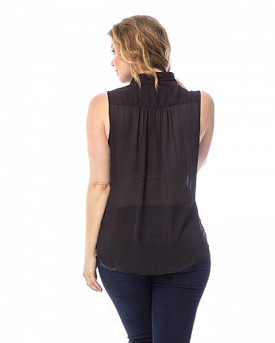 SIZE 3XL Women Sheer Top Solid Black Studded Front Collared Neck Sleeveless