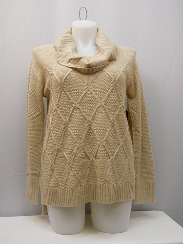 Women Tunic Sweater Size L Medium Knit Cowl Draped Neck Oatmeal Long Sleeves