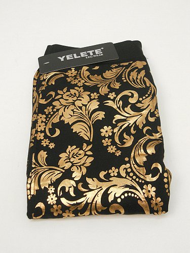 Women Leggings ONE SIZE Black Paisley Gold Foil Skinny Leg Inseam 30 YELETE