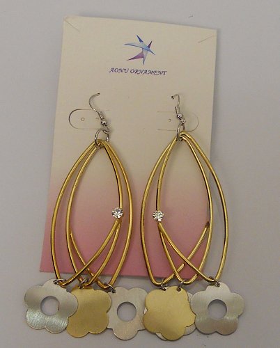 Women Fashion Drop Dangle Earrings Triple Loop Flowers Rhinestones Gold Tones