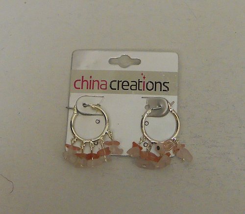 Women Fashion Hoop Earrings Silver Tones Pink Beads CHINA CREATIONS Leverback