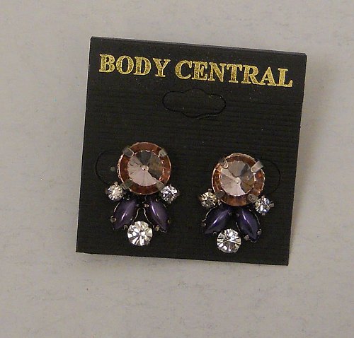 Women Fashion Stud Earrings Purple Rose Rhinestones BODY CENTRAL Push Back Faste