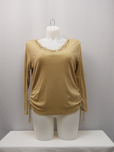 Womens Knit Top PLUS SIZE 2X Long Sleeve Embellished V Neck Taupe